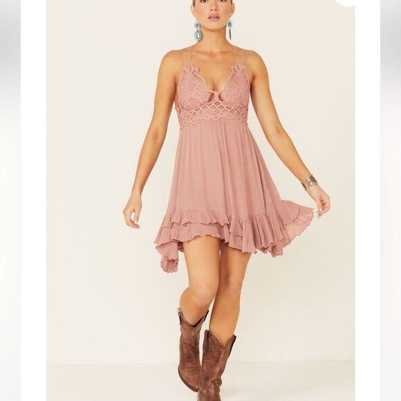 NEW Free People Adella Slip Dress Rose Lace Floral Spaghetti Strap V-Neck Small - Picture 2 of 5